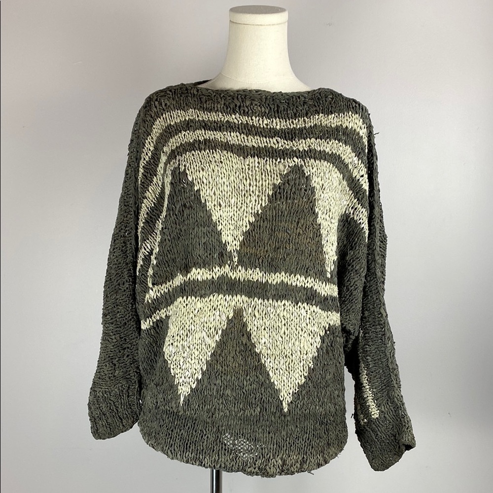 100% Leather Hand knitted Sweater in Olive and Cream size large